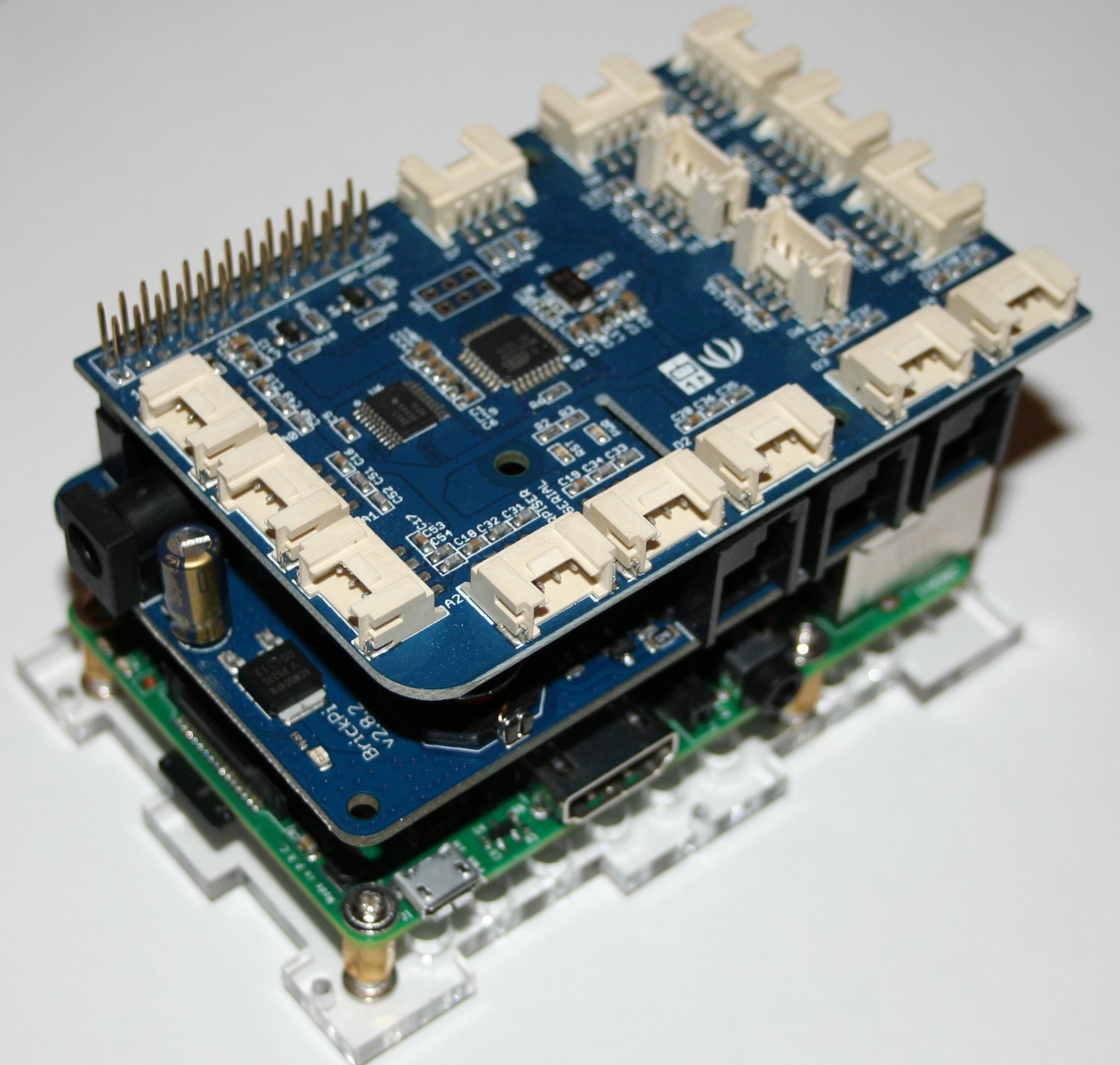 The BrickPi and GrovePi can be stacked on a Raspberry Pi.